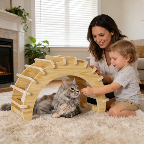 Natural Wooden Indoor Cat Cave - Stylish Solid Wood Cat House,Easy to Clean & Scratch-Resistant Surface Cottage,Ideal for Small/Medium Cats,Puppies and Bunnies (Natural,20.5" Lx13”Wx14”H)