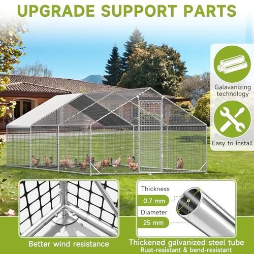 Large Walk-in Chicken Coop with Chicken Run, Galvanized Poultry Enclosure with Waterproof Anti-UV Cover and Security Lock, Ideal for Rabbit, Duck, Backyard and Farm Yard, 19.7'x 9.8'x 6.6' - size: 236.4"L x 117.6"W x 78.7"H
