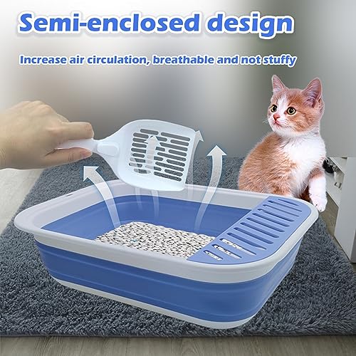 Collapsible Small Cat Litter Box,Open Top Cats Litter Pan with Scoop Foldable Shallow Kitten Potty Toilet Waterproof Cat Travel Litterbox Anti-Splashing Low Entry Semi-Enclosed Easy Clean(Blue) - color: 【Blue】