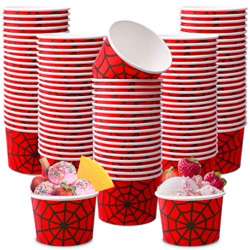 Jingmore 100 Pcs Ice Cream Paper Cups Bulk 8 oz Disposable Dessert Bowls for Hot or Cold Food Snack Treats Gift for Birthday Summer Party Favor Decoration(Red Spider) - style: Red Spider
