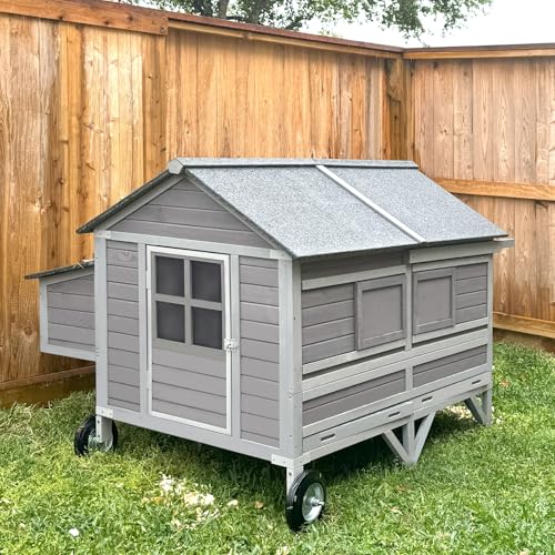 Chicken Coop Super Large Mobile Hen House with Wheels,Strong Iron Frame Outdoor Poultry Cage with Nesting Box,Duck Coop,Rabbit Cage Waterproof - size: Grey 68.1"L x 53.9"W x 49"H