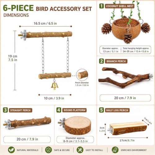 Bird Perch Bird Cage Accessories Parrot Toys Natural Wood 6Pcs Set for Parakeet Cockatiel Conure Lovebird Small Medium Birds
