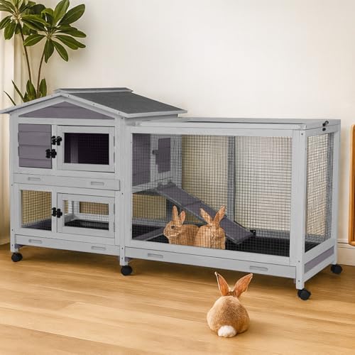 62″ 2-Story Large Rabbit Hutch, Indoor & Outdoor Bunny Cage with Chew-Proof Ramp, 3 Leakproof Pull-Out Trays, Waterproof Roof, 6 Lockable Wheels, for Rabbits & Guinea Pigs - color: (Grey)