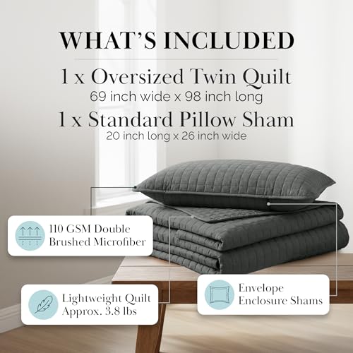 Southshore Fine Living, Inc. Twin Summer Quilts Set, Quilted Grey Bedspread Twin/XL Quilts with Matching Pillow Sham, Soft Microfiber, Lightweight Quilt Coverlet Set, Easy Care, Slate Grey - color: 10 - Slate, size: Twin / Twin XL