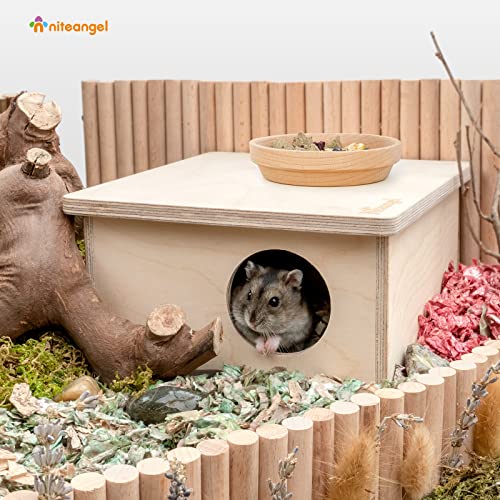 Niteangel Birch Chamber-Maze Hamster Hideout: 1 Entrance 2 Rooms Habitat | No-Disturb Removable Lid - Encourage Pets Hide and Explore Freely House & Tunnel Toys for Hamster Gerbils Mice Lemming