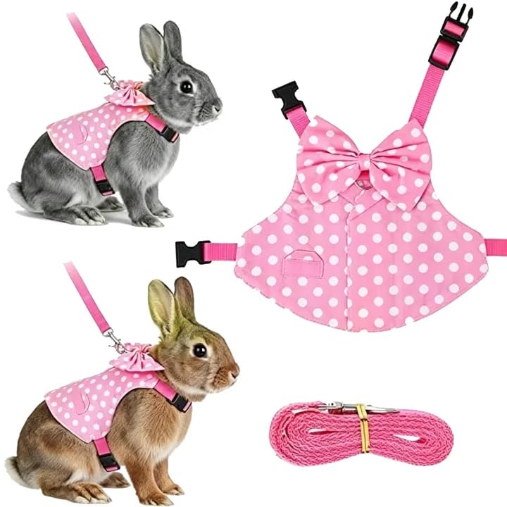Rabbit Harness and Leash Set Escape Proof Plaid Bunny Vest with Bow Tie Breathable Mesh Harness Dual D Rings Adjustable Leash for Rabbit Guinea Pig Ferret Walking Training (Pink, S) - color: Pink, size: S