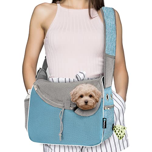 PetAmi Dog Sling Carrier for Small Dogs, Hands Free Crossbody Carrier, Blue | Under 10 lbs, Puppy Cat Pet Travel Gift, Breathable Mesh, Padded Strap, Removable Sherpa Bed, Pockets & Poop Bag Dispenser - color: Teal Blue