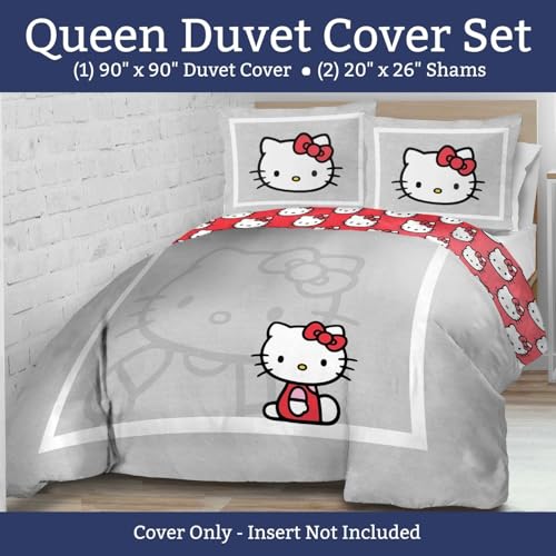Jay Franco Duvet Cover Set – 3 Piece Super Soft Bedding with Sham Pillowcase, Cover ONLY Comforter Not Included, Grey - Hello Kitty, Queen - color: Grey - Hello Kitty, size: Queen