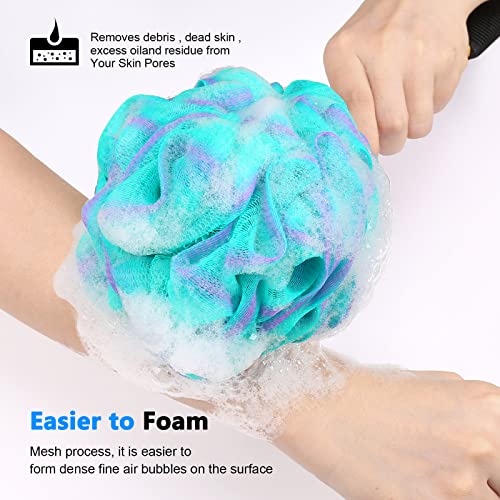 FORENEE Green and Purple Loofah on a Stick, PE Mesh Back Scrubber | Soft PE mesh for rich lather and gentle cleansing; water-resistant coated wood handle, non-slip rubber grip and hanging loop - style: Green