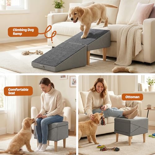 Foldable 15 Inch Dog Ramp, Ramply Split Ottoman with Detachable Washable Treads, 2-in-1 Folding Pet Ramps Stairs for Couch and Bed, Sturdy Ramp for Cats and Small to Medium Dogs - color: Light Gray