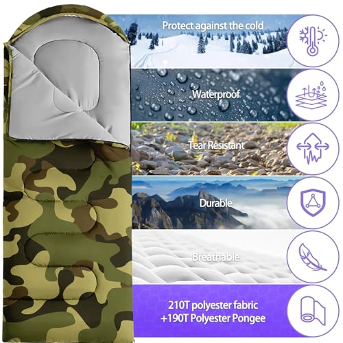 Sleeping Bags for Adults and Kids Backpacking Camping Sleeping Bags for Girls and Boys Lightweight Waterproof Cold/Warm Sleeping Bag for All Season - color: Army Green Camo