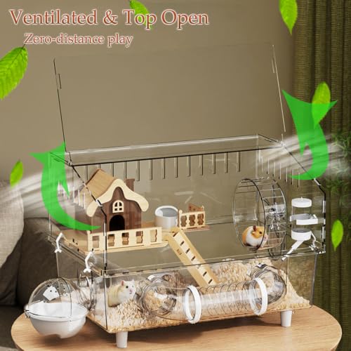 All in 1 Hamster Cage with Tunnel and 7 Accessories,Clear Acrylic Small Animal Habitat for Drawf Hamster,Gerbil,Hedgehog(17.7"*11.8"*13.4")