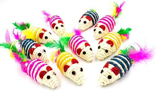 10 Sisal Mice with Rattle Sound, Interactive Catch Play Teaser Mouse Toy for Cats and Kittens, Made of Safe and Natural Sisal Hemp Material. Pack of 10 Mice