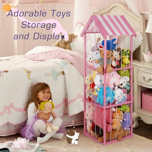 Wooden Stuffed Animal Storage Zoo 3-Tier, Anti-Tip Plush Toy Organizer | Large Capacity Stuffed Animal Organizer Holds 40+ Plushies, Anti-Tip Vertical Corner Toy Holder for Kids Nursery - color: Pink, size: Large