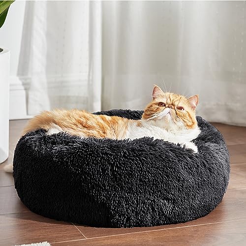 Bedsure Calming Cat Beds Donut Round Washable Kitten Bed,20 inches Black | Fluffy Faux Fur Cuddler,Anti-Slip Bottom,Anti-Anxiety,Deep Sleeping for Cats&Small Pets Up to 15 Lbs - color: Black, size: 20"L x 20"W x 6"Th