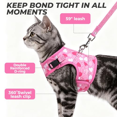 BINGPET Cat Harness and Leash Set, Escape Proof and Adjustable, Large | Step-in Vest, Lightweight Soft Breathable Mesh, Hook & Loop, Easy Control for Medium & Large Cats Walking Travel - color: Heart, size: Large
