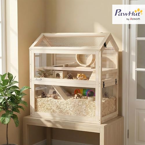 PawHut Wooden Hamster Cage for Small Gerbil, Mice 30" x 18" x 30" | 3-Tier Small Animal Cage, Hut, Seesaw, Ramps, Exercise Wheel, Acrylic Panel, Bottom Tray, Dwarf Hamster Habitat