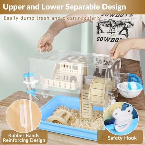Cycodo 8 in 1 Acrylic Hamster Cage,2-Tier Dwarf Hamster Cage with Wooden Wheel & Hideout,Small Hamster Habitat with Accessories,Clear Pet Mice House(Blue,14" L*10" W*11" H) - color: Blue