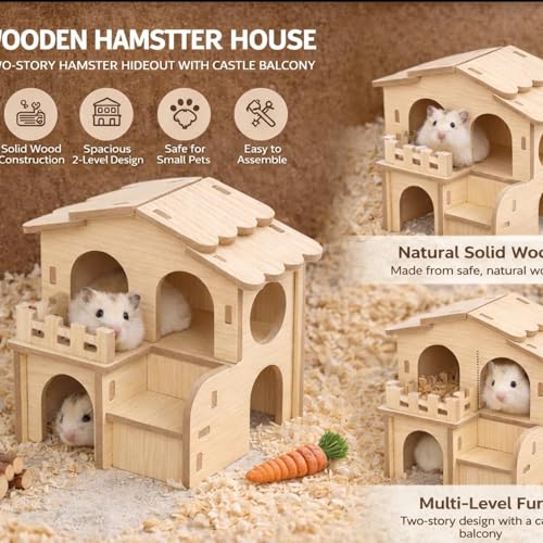 Wooden Hamster House, 2-Story Hideout with Steps and Balcony | Two-level wooden hideout and maze with rooms, steps and balcony for Syrian and dwarf hamsters, gerbils and mice
