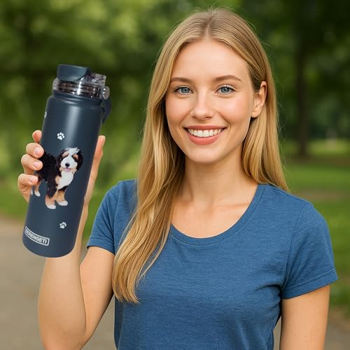 E&S Pets SERENGETI 24 Oz Water Bottle Stainless Steel with Spill Proof Lid - Double walled Vacuum Insulated water flask - Realistic 3D Print of your favorite dog (Bernedoodle) - color: Bernedoodle