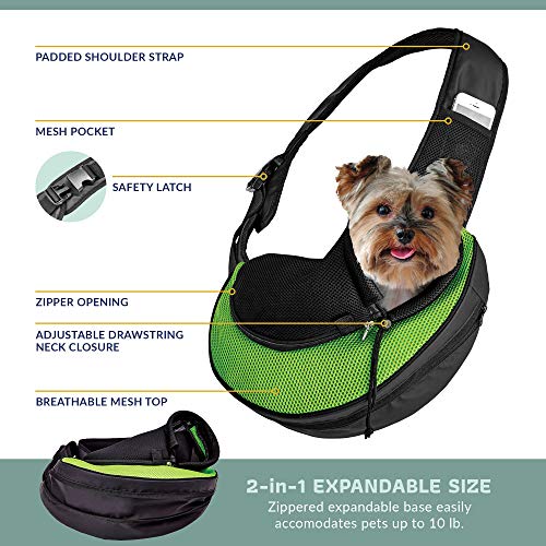 Expandable Pet Carrier Sling Bag - Small Dog, Puppy and Cat Carrier Front Shoulder Backpack w/Harness Strap - Carrying Pouch for ESA, Animal Travel - PU Leather Bottom, Mesh Pocket by Katziela (Green) - color: Green