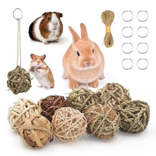 17 Pcs Bunny Chew Grass Balls, Hangable Natural Handmade Enrichment Toys for Teeth Grinding, Enrichment Treats for Rodents Rabbits Guinea Pigs Chinchillas Hamsters Mice, Rolling Chew Toys (2.4")