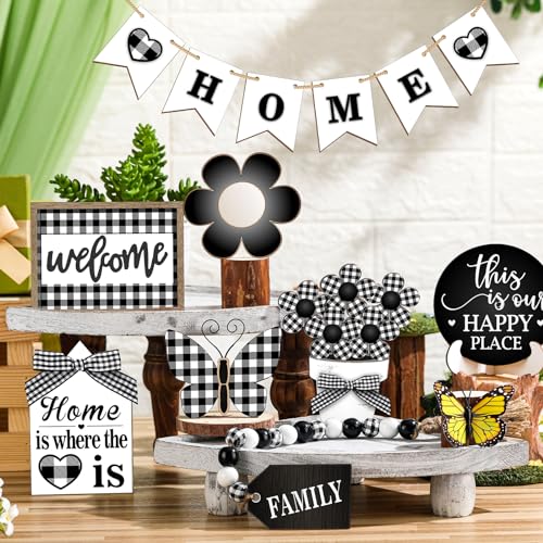 FairySandy 11 Pcs Home Tiered Tray Decor Buffalo Plaid Black White Rustic Farmhouse Tiered Tray Decorations Set Home Wooden Signs Vintage Farm Animal Tabletop Wood Signs for Kitchen Table Shelf Decor - style: Novelty