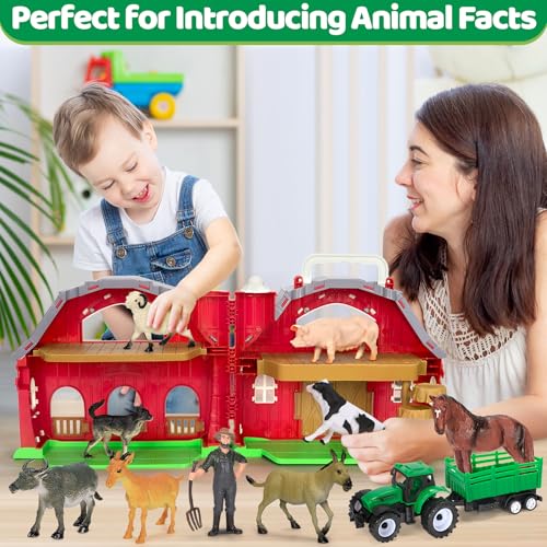 Ellinjan Farm Animals Toys for Toddlers Girls Boys, Big Red Barn Farm with Figures Animals and Tractor Toy for Kids 2 3 4 5, Farm Playset Educational Learning Toys, Ideal Christmas Birthday Gifts