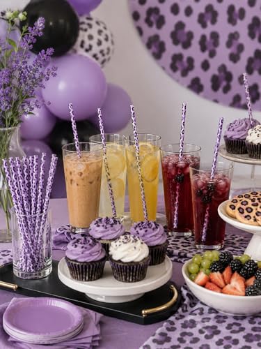 10PCS Set Leopard Straw Cheetah Animal Straws Hard Plastic Reusable Straw and Cleaning Brush Heart Silicone Straw Toppers with Leopard Print Summer Party Supplies (Purple) - color: Purple