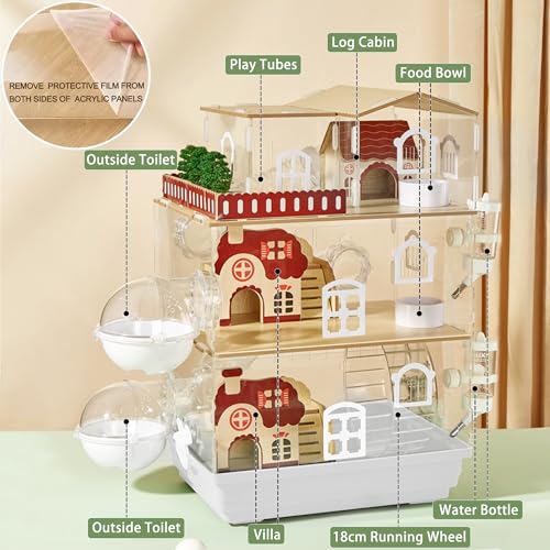 17 in 1 Clear Acrylic Hamster Cage with All Accessories,13.5''L* 10''W* 21''H Dwarf Hamster Cage,Magnetic Connection Small Hamster Enclosure,Garden Style Wooden Mouse Cage for Pet Mice(3-Layer,White) - color: White, size: 13.4"L x 10.2"W x 20.5"H