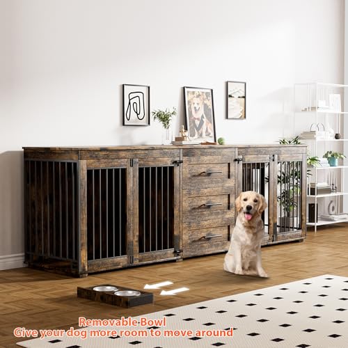 Rophefx 94.5" Dog Crate Furniture for 2 Dogs, Wooden Kennel TV Stand,Brown | Indoor double dog house with 3 storage drawers, 4 feeding bowls, lockable doors, and a wide top for large and medium dogs - color: Rustic Brown