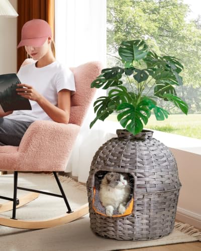 SETVSON Cat Litter Box Plant Enclosure, Hidden PE Rattan Litter Box, Gray | Decorative Planter Design, Handwoven Washable PE Rattan, Removable Top with Artificial Plant & Stones Included, Easy Cleaning - color: Grey