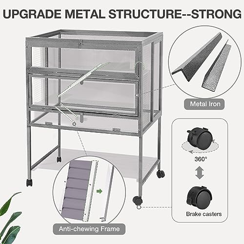Guinea Pig Cage, Moveable Metal Frame Hamster Cage Anti-Chewing with Aluminium Alloy Edge, Hideouts, Ramps, Seesaws Chewing Toy, Deeper Pull-Out Leakproof Tray for Indoor Outdoor(Grey) - color: Grey