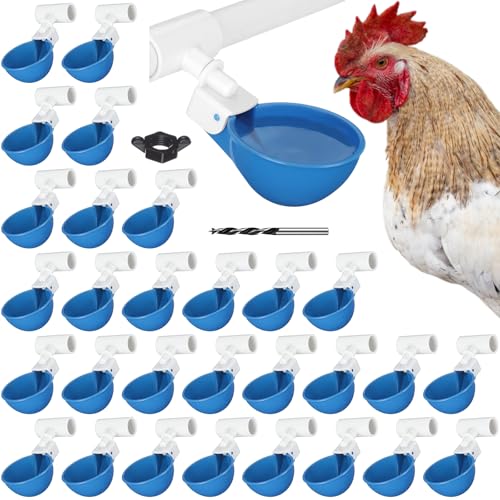 LemonRoad 30 Set Automatic Chicken Waterer Cups with 1/2" PVC Tee Fitting Chicken Drinking Bowl, Poultry Drinker Mounting Hole Opener,Water Dispenser Feeder for Duck, Goose, Turkey, Pigeon(Blue White) - color: Blue White