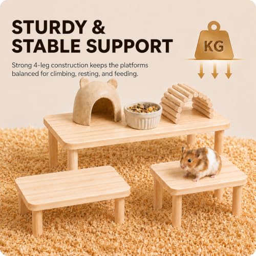 3-Piece Wooden Hamster Platforms – Large, Medium & Small Play Stands for Dwarf, Gerbils, Mice, Degus, Squirrels & Other Small Pets – Cage Accessories for Climbing, Chewing, Hiding & Exploring