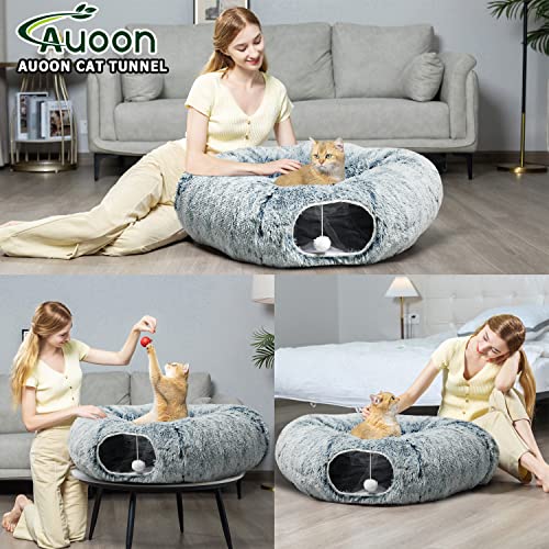 AUOON Plush Cat Tunnel Bed for Indoor Cats, 36" L x 36" W x 11.5" H, Gray | 2 in-1 Interactive Cat Toy, with Hanging Ball Toy, Machine Washable Center Pad, for Kitten Puppy Rabbit Ferret - color: Gray