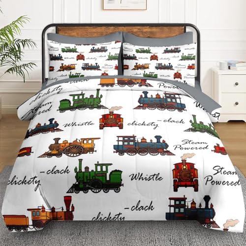 WeCozy Twin Comforter Set with Sheets, 5 Pieces Children Cartoon Bedding | Bed in A Bag for All Season, Steam Train Boy Cute Vehicle, Pillowcase & Sham for Kids and Adults - color: Cartoon Train, size: Twin