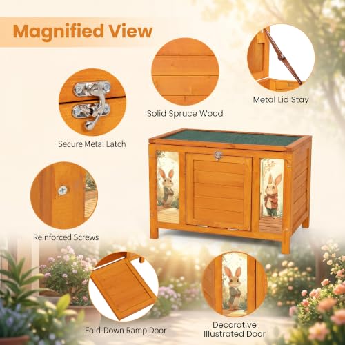 24" Outdoor Rabbit Hutch and Small Cat House for Small Animals | Openable waterproof roof, raised floor, lockable fold-down ramp door, sheltered resting area for guinea pigs, chicks and pets