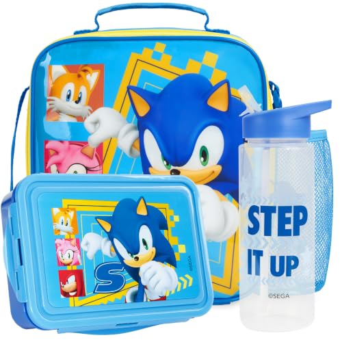 Get Trend Sonic the Hedgehog Boys Lunch Box 3Pc Set | Kids Insulated Lunch Bag with BPA-Free Water Bottle and Snack Box, Back to School Gifts for Boys - color: Blue Sonic