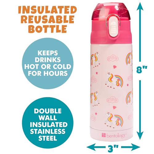 Bentology Stainless Steel 13 oz Unicorn Insulated Water Bottle for Girls – Easy to Use for Kids - Reusable Spill Proof BPA-Free Water Bottle | Double Wall Insulated, Spill Proof Lid W/Built-in Straw- Keep Liquids Hot or Cold- Easily Fits in Lunch Boxes &