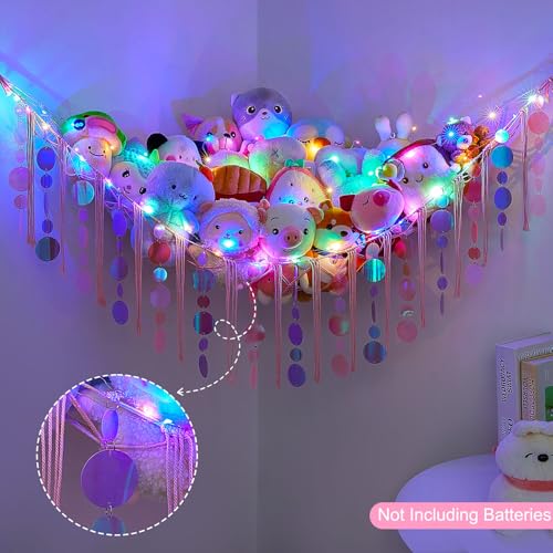 FIOBEE Stuffed Animals Hammock Net Toy Storage Organizer with LED Light, Stuffed Animals Storage Girls Room Décor Wall Hanging with Sequins for Kids Bedroom Nursery Playroom, Light Pink