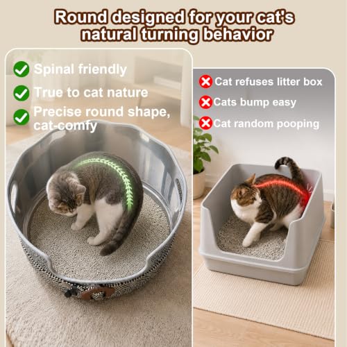 Round Stainless Steel Cat Litter Box High Sided, Large Metal Litter Box with Fashion Woven Belt, Easy Access & Turning Litter Pan for Medium & Senior Cats, Kittens, Odor Control, Easy to Clean
