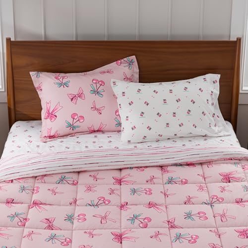 Berkshire LIG Printed Reversible Microfiber Comforter Set–5-Piece, Ultra Soft All-Season Bedding, Wrinkle & Fade Resistant, Twin, Cherry Bows Blush - color: Cherry Bows Blush, size: Twin