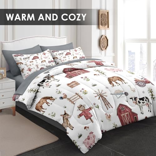 WeCozy Full Comforter Set with Sheets, 7 Pieces Farm House Bedding | Bed in A Bag for All Season, Tractor Village Tree Horse, 2 Pillowcases & 2 Shams for Kids and Adults - color: Farm Tractor, size: Full