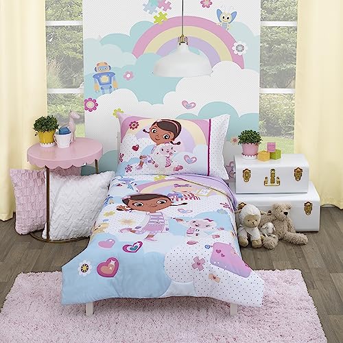 Disney Doc McStuffins - Cuddle Team Purple, White, & Blue 4Piece Toddler Bed Set - Comforter, Fitted Bottom Sheet, Flat Top Sheet, & Reversible Pillowcase, Lavender, Aqua, Pink, Yellow - color: Disney Doc Mcstuffins