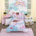 Disney Doc McStuffins - Cuddle Team Purple, White, & Blue 4Piece Toddler Bed Set - Comforter, Fitted Bottom Sheet, Flat Top Sheet, & Reversible Pillowcase, Lavender, Aqua, Pink, Yellow - color: Disney Doc Mcstuffins