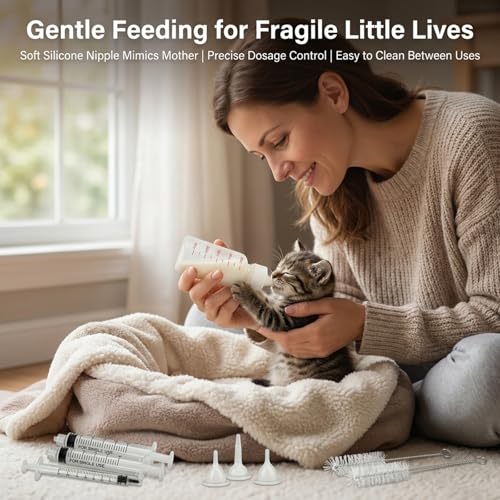 Pet Nursing Kit, 17 Pcs Newborn Kitten Bottle Feeding Kit, with 1/5/10ml Liquid Syringes, Replacement Silicone Nipples & Cleaning Brushes, for Newborn Kittens, Puppies, Rabbits, Small Animals