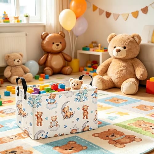 Rectangular Bear Storage Bin, Fabric Closet Organizer Basket | Einforced side grips, foldable holder arranges clothing and bedroom personal belongings - color: REC Cute Bear