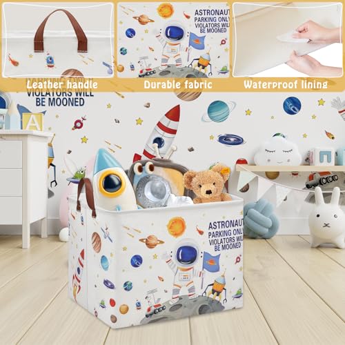 Outer Space Astronaut Nursery Basket with Inspirational Quotes ,Boy Planets Rocket Storage Bin for Baby Nursery Kids Bedroom Playroom Decor,Cute Shelf Basket Toy Box Bin (white) - color: White