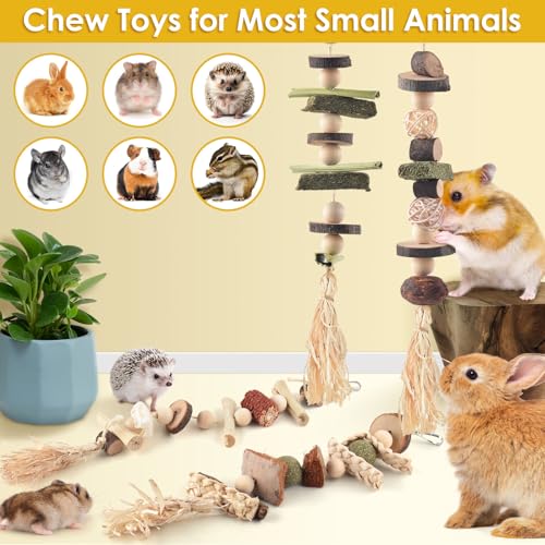 DBNESS 4 Pcs Bunny Chew Toys for Teeth, Hanging Rabbit Chewing Toy Treats with Timothy Grass & Natural Apple Wood, Improve Small Rodent Dental Health for Guinea Pig Hamster Chinchilla Rat Gerbil - size: 4 Pcs